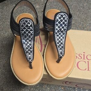 Chic Black and Tan Sandals with Rhinestone Detailing